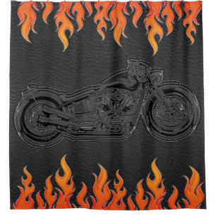 Zwartelederen Oranje Vlammen Heet Vuur Motorfiets Douchegordijn