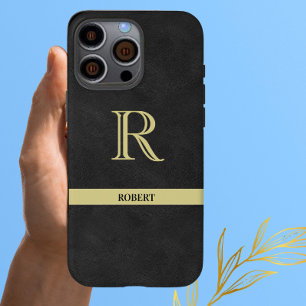 Zwartexclusive Leer Textuur Monogram Naam Goud   iPhone 16 Pro Max Hoesje