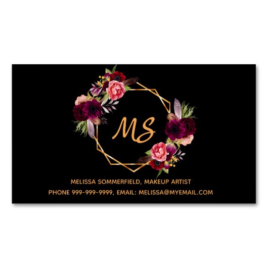 Zwartgebergte goudmonogram elegant magnetisch visitekaartje (Voorkant)