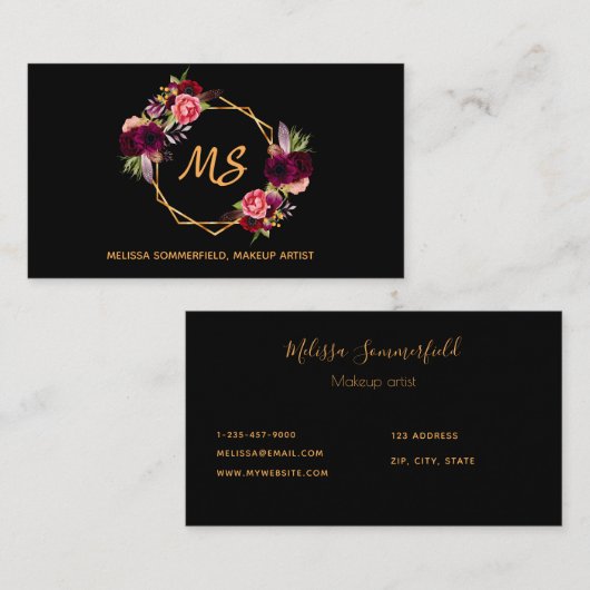 Zwartgebergte goudmonogram elegant visitekaartje (Voorkant / Achterkant)