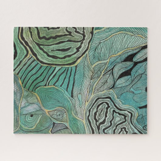 Zwartgeborene bladeren op Blauwgroen en gouden puz Legpuzzel (Horizontaal)