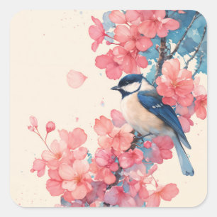 Zwartkapmees en Harmonie van Kersenbloesem Vierkante Sticker