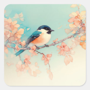 Zwartkapmees in een perzikbloesemdroom vierkante sticker