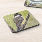 Zwartkapotte Chickadee Bird - acrylschilderij. Bier Onderzetter (Linkerzijde)