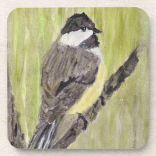 Zwartkapotte Chickadee Bird - acrylschilderij. Bier Onderzetter