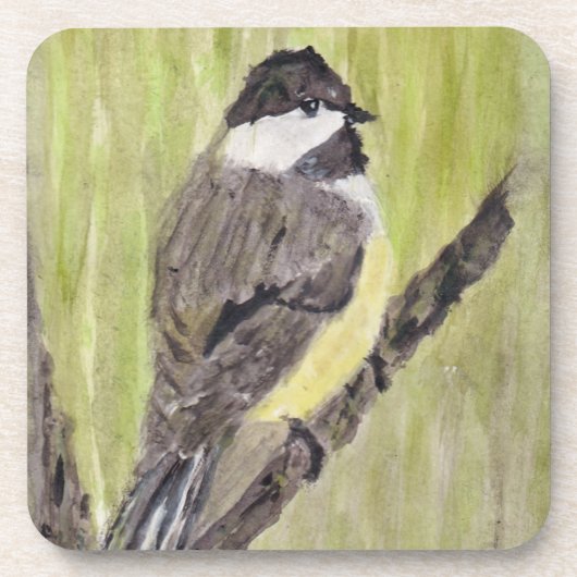 Zwartkapotte Chickadee Bird - acrylschilderij. Bier Onderzetter (Voorkant)