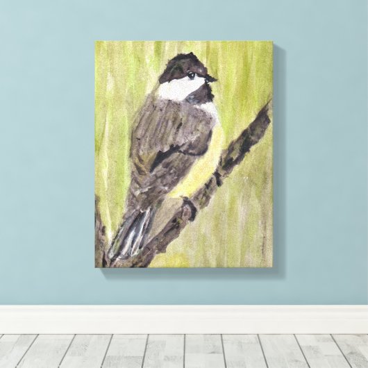 Zwartkapotte Chickadee Bird - acrylschilderij. Canvas Afdruk (Insitu (Houten vloer))