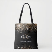 Zwartr glitter stof monogram initiaal tote bag (Voorkant)