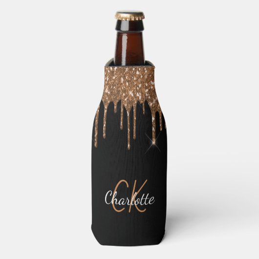 Zwartr glitters druppels gouden monogram naam flesjeskoeler (Fles Voorkant)