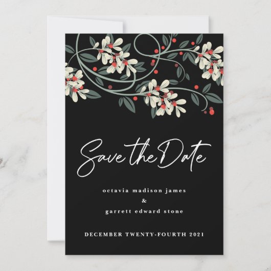 Zwartr Modern Schrift Witte Bloemen Winter Save The Date (Voorkant)