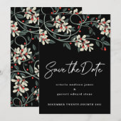 Zwartr Modern Schrift Witte Bloemen Winter Save The Date (Voorkant / Achterkant)