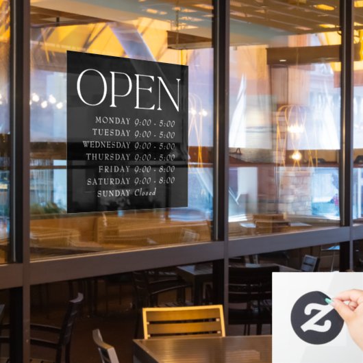 Zwartrandige elegante schreef Retail Open uithangb Raamsticker (Restaurant Raam)