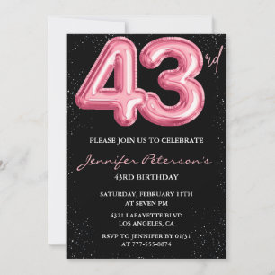 Zwartruis ballon glamour glitter 43ste verjaardag kaart
