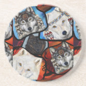 ZWARTWIT WOLF KUNST ZANDSTEEN ONDERZETTER (Voorkant)