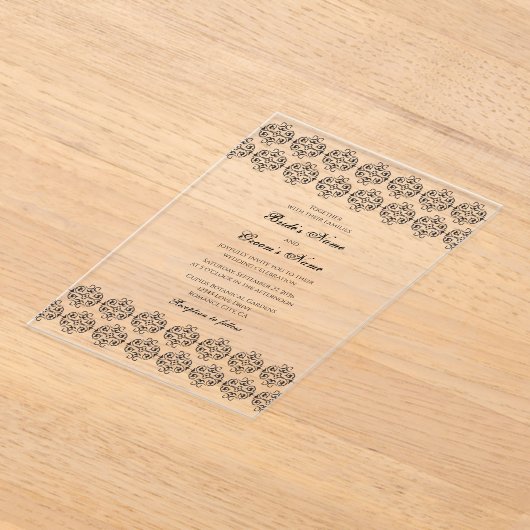  zwartwitkalligrafie Damask Wedding Acryl Uitnodigingen (Laagn)