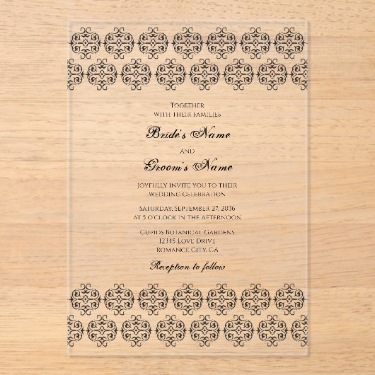  zwartwitkalligrafie Damask Wedding Acryl Uitnodigingen (Voorkant)