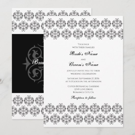  zwartwitkalligrafie Damask Wedding Kaart (Voorkant / Achterkant)