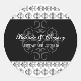  zwartwitkalligrafie Damask Wedding Ronde Sticker