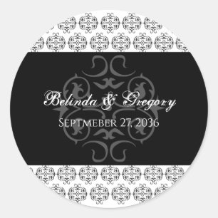  zwartwitkalligrafie Damask Wedding Ronde Sticker