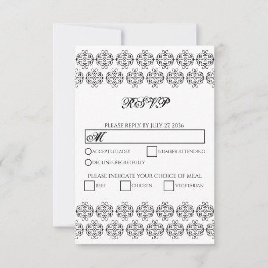  zwartwitkalligrafie Damask Wedding RSVP Kaartje (Voorkant)