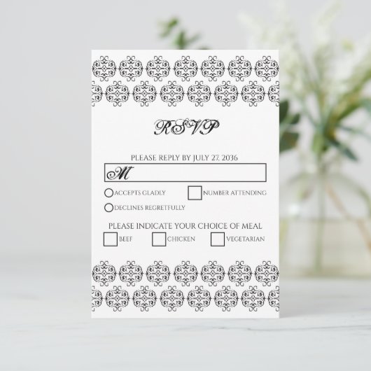  zwartwitkalligrafie Damask Wedding RSVP Kaartje (Staand voorkant)