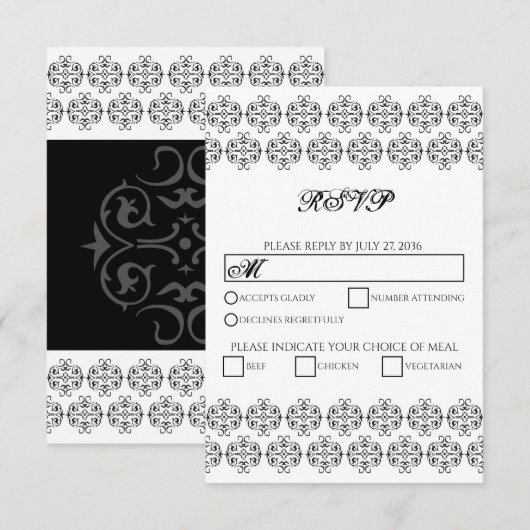  zwartwitkalligrafie Damask Wedding RSVP Kaartje (Voorkant / Achterkant)