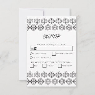 zwartwitkalligrafie Damask Wedding RSVP Kaartje