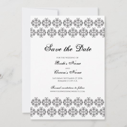 zwartwitkalligrafie Damask Wedding Save The Date (Voorkant)