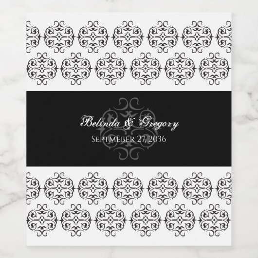  zwartwitkalligrafie Damask Wedding Wijn Etiket (Enkel label)