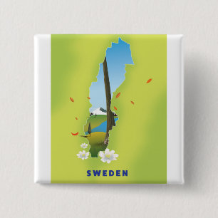 Zweden kaart geïllustreerde reisposter. vierkante button 5,1 cm