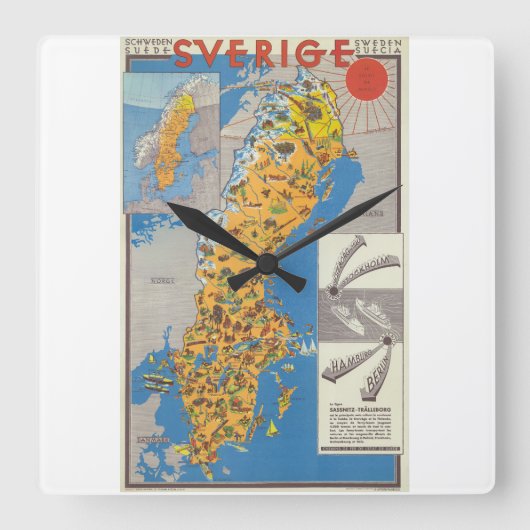 Zweden Kaart Vierkante Klok (Voorkant)