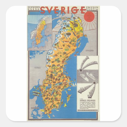 Zweden Kaart Vierkante Sticker (Voorkant)