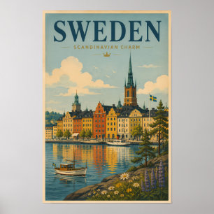 Zweden Landschapsillustratie Reis Kunst Vintage Poster