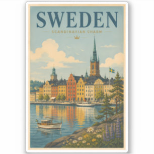 Zweden Landschapsillustratie Reis Kunst Vintage Sticker