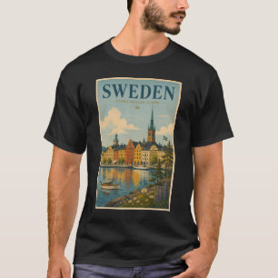 Zweden Landschapsillustratie Reis Kunst Vintage T-shirt