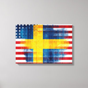 Zweeds-Amerikaanse vlag   Houtnerf & verfstreken Canvas Afdruk