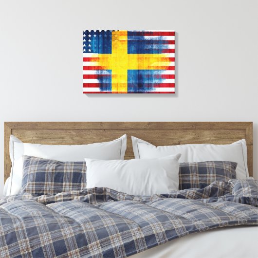 Zweeds-Amerikaanse vlag | Houtnerf & verfstreken Canvas Afdruk (Insitu (Slaapkamer))