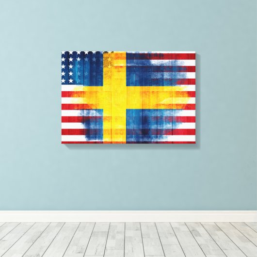 Zweeds-Amerikaanse vlag | Houtnerf & verfstreken Canvas Afdruk (Insitu (Houten vloer))