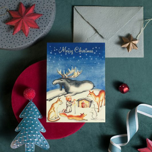 Zweeds  bos donkerblauw vrolijk kerstfeest feestdagenkaart