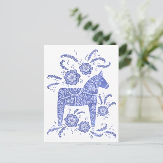 Zweeds Briefkaart van Dala Horse Blue en White (Staand voorkant)