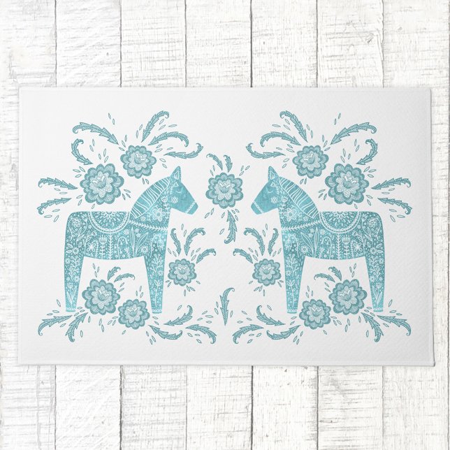 Zweeds Dala Horse Blauwgroen Green en White Doorma Deurmat (Swedish Dala Horse folk art teal and white doormat)