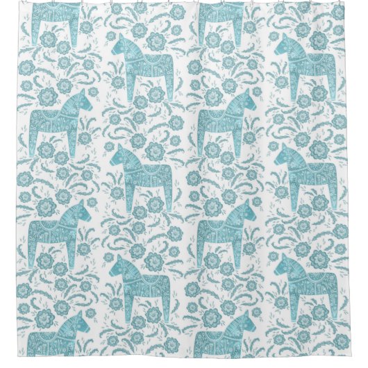 Zweeds Dala Horse Blauwgroen groen en wit Douchegordijn (Voorkant)