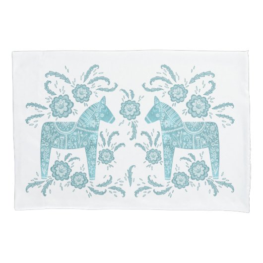 Zweeds Dala Horse Blauwgroen groen en wit Kussensloop (Voorkant-Links)