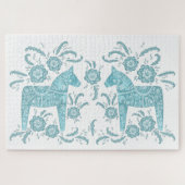 Zweeds Dala Horse Blauwgroen groen en wit Legpuzzel (Horizontaal)