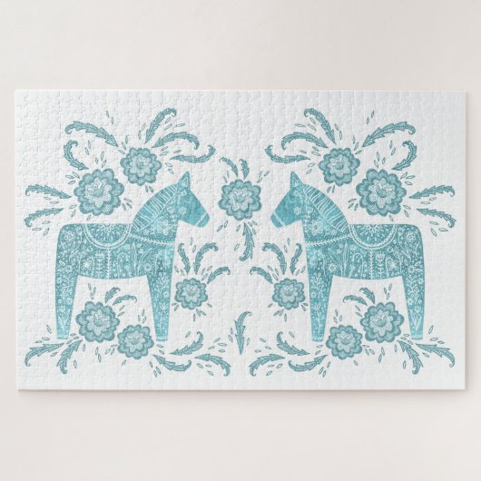 Zweeds Dala Horse Blauwgroen groen en wit Legpuzzel (Horizontaal)