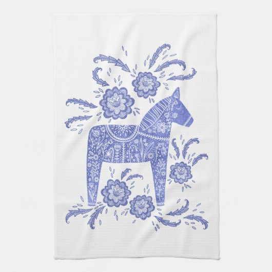 Zweeds Dala Horse Blue en White Kitchen Towel Theedoek (Verticaal)