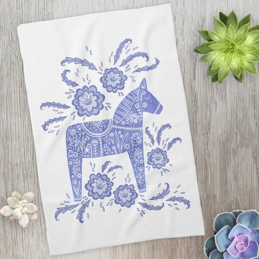 Zweeds Dala Horse Blue en White Kitchen Towel Theedoek