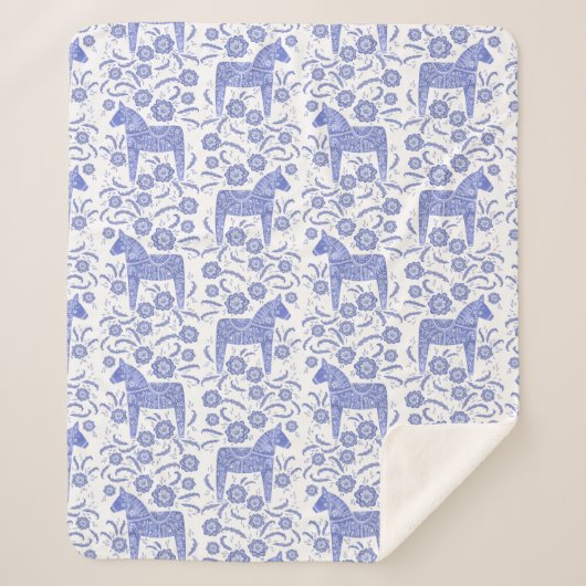Zweeds Dala Horse Blue en White Sherpa Blanket Deken (Voorkant)
