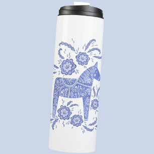 Zweeds Dala Horse Blue en White Thermal Tumbler Thermosbeker