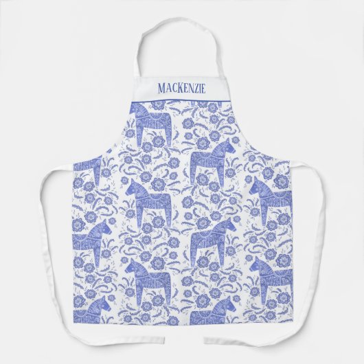 Zweeds Dala Horse Folk Art Blue Custom Name Schort (Voorkant)